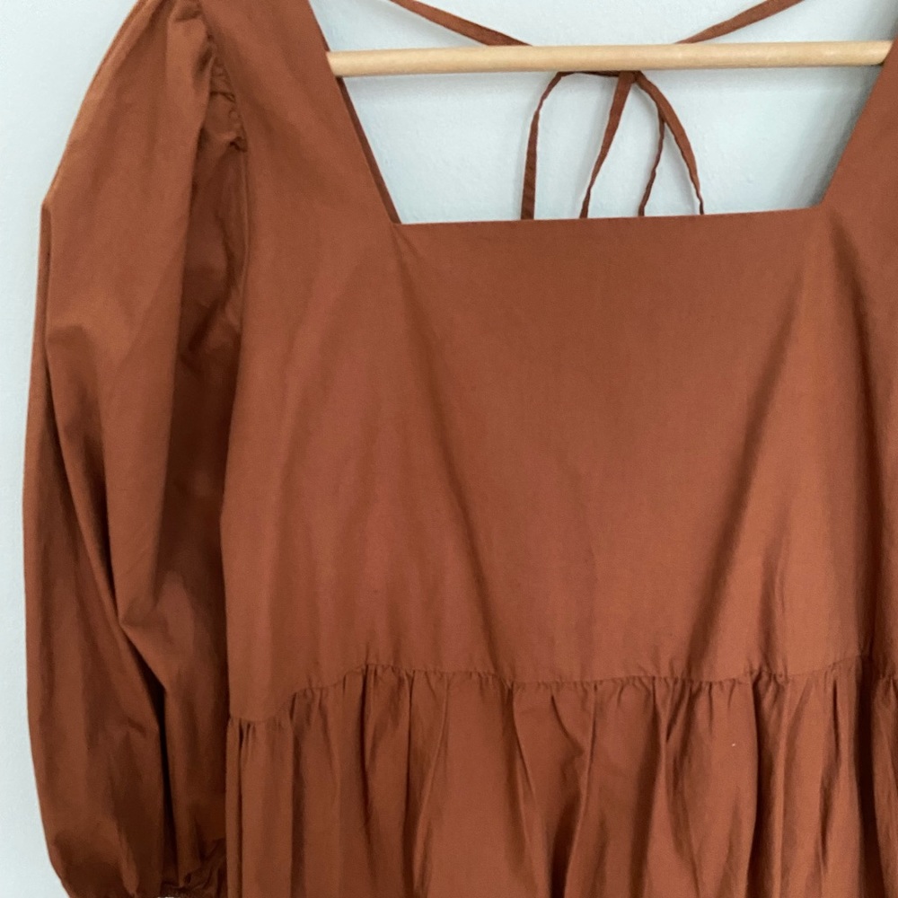 Oak + Fort Tiered Puff Sleeve Midi Dress with Open Back in Tobacco